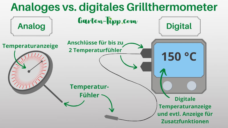 Infografik über die Komponenten eines analogen und eines digitalen Grillthermometers