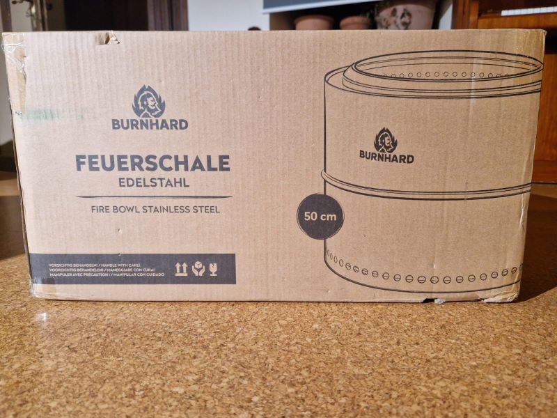 Burnhard Edelstahl-Feuerschale in der Originalverpackung.